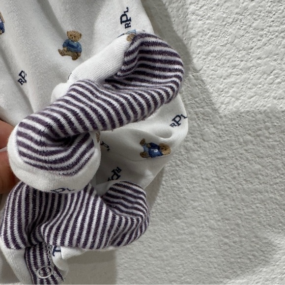 Ralph Lauren Polo Bear Cotton Footed White Striped Logo Coverall Size 3 Months - Picture 8 of 15